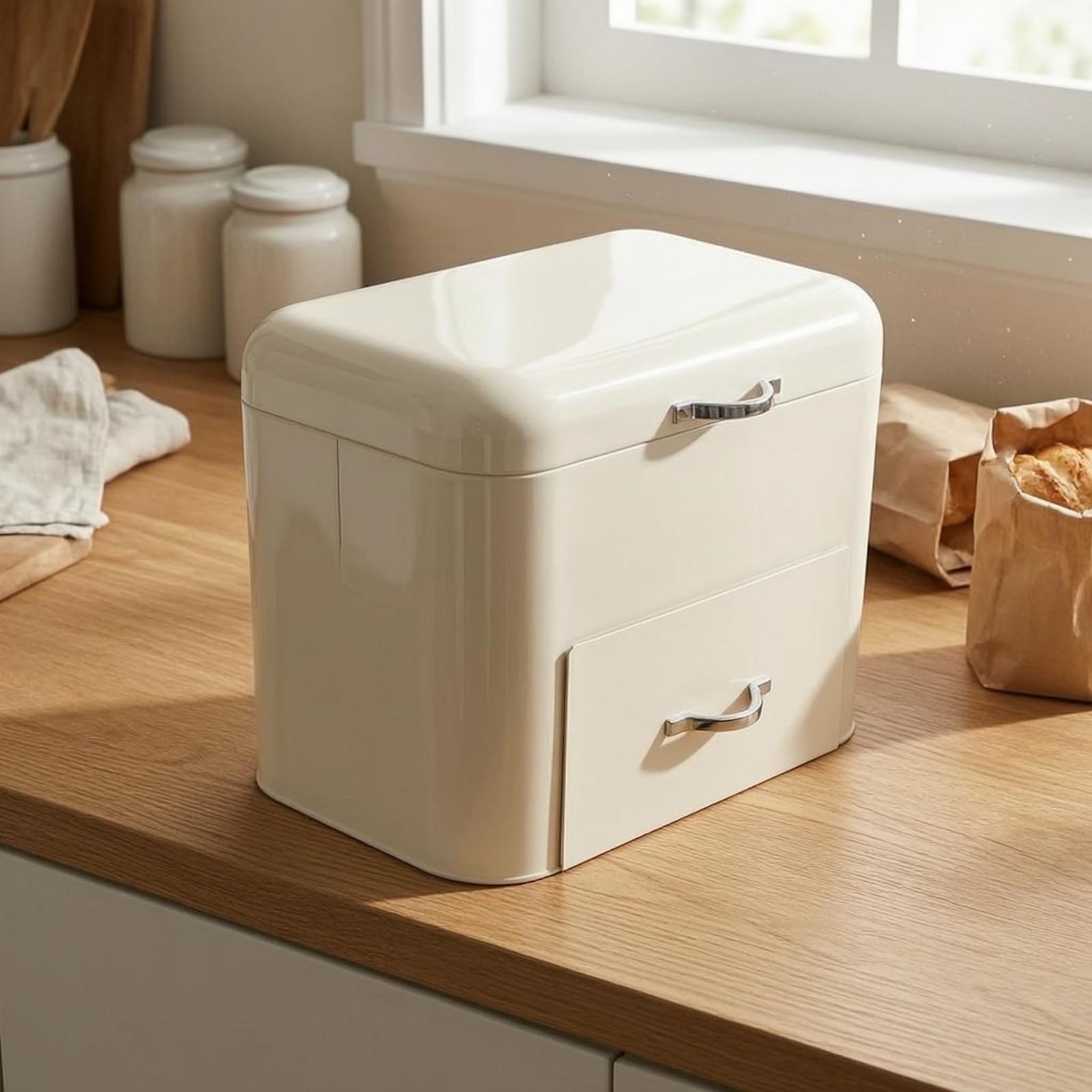 Contenedor de Almacenamiento de Cocina Bote Recipiente Organizador Metálico con Textura Lisa y Compartimento de Acceso Frontal Tapa de Doble Apertura, Negro
