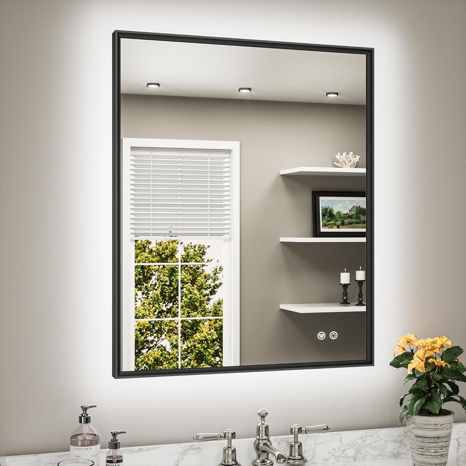 TETOTE 30 x 36 Backlit Bathroom Mirror Brushed Black Metal Frame LED Light Vanity 3-Color White/Warm/Natural Stepless Dimmable Anti-Fog Backlight Mirror Wall-Mounted