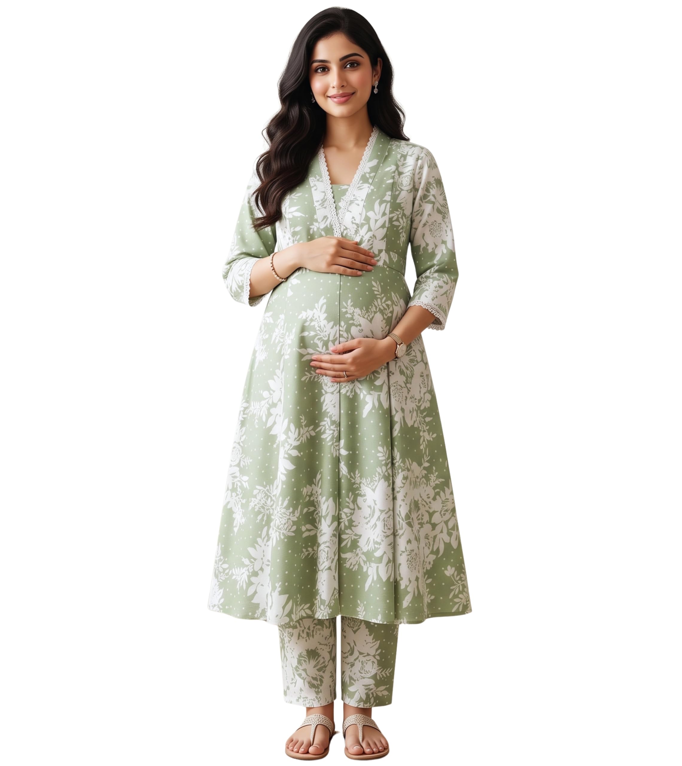 DUMMY SHAPE Maternity Dresses for Women Cotton | Floral Anarkali Kurta Pant Suit Set with Nursing Zippers, Side Pocket to Pre & Post Pregnancy | Baby Shower Gifts for Mom-image-32