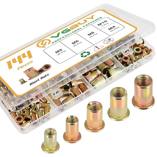 VGBUY Kit de tuercas remachadoras métricas de 144 piezas, surtido de tuercas de remache M4 M5 M6 M8 M10, tuerca remachada chapada en zinc de acero