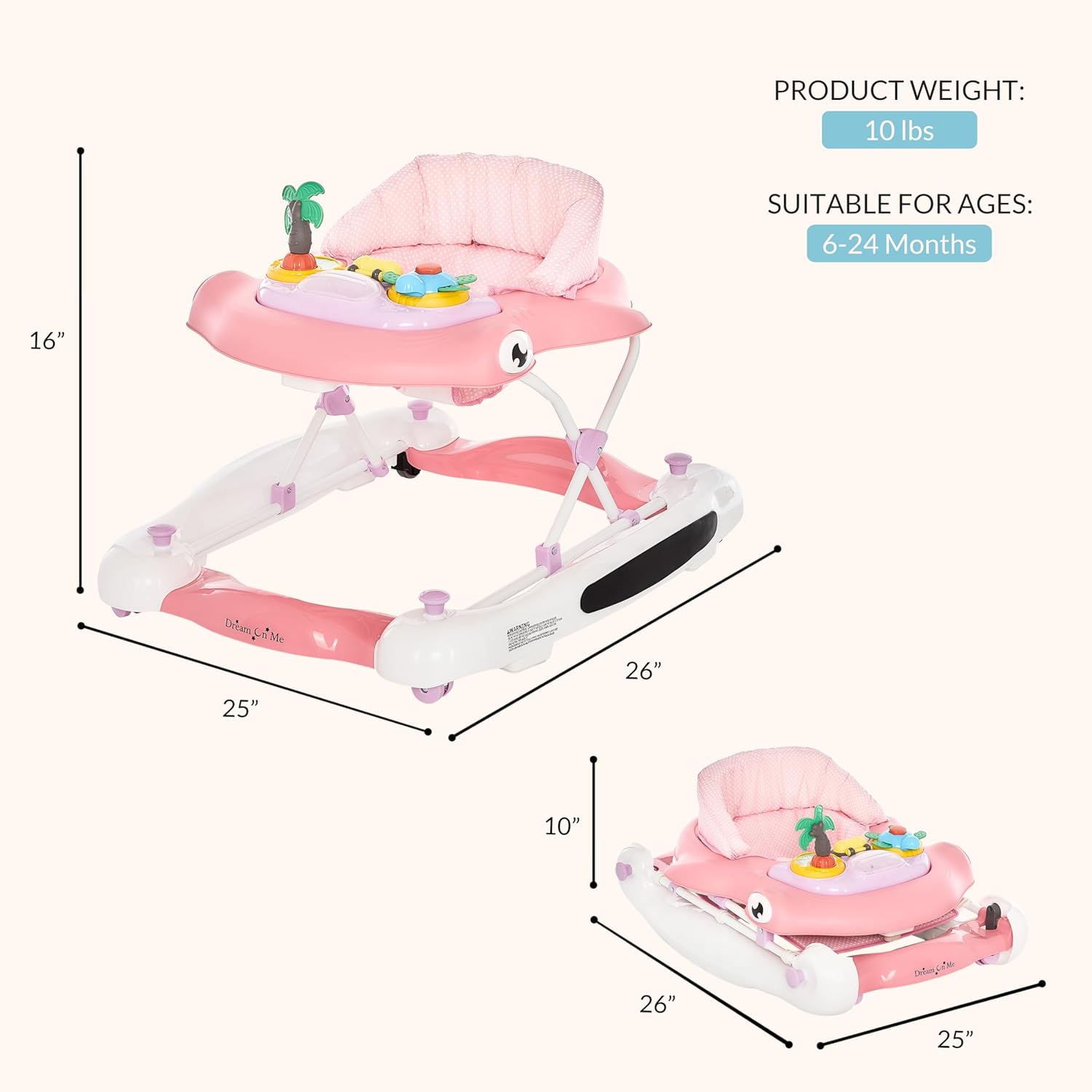 Dream On Me Aloha Baby Walker, 2-in-1 Foldable Infant Activity Walker with Adjustable Height, Musical Toy Tray, Padded Seat & Removable Foot Mat, Compact Folding Design for Babies 6–36 Months - Pink - Image 4