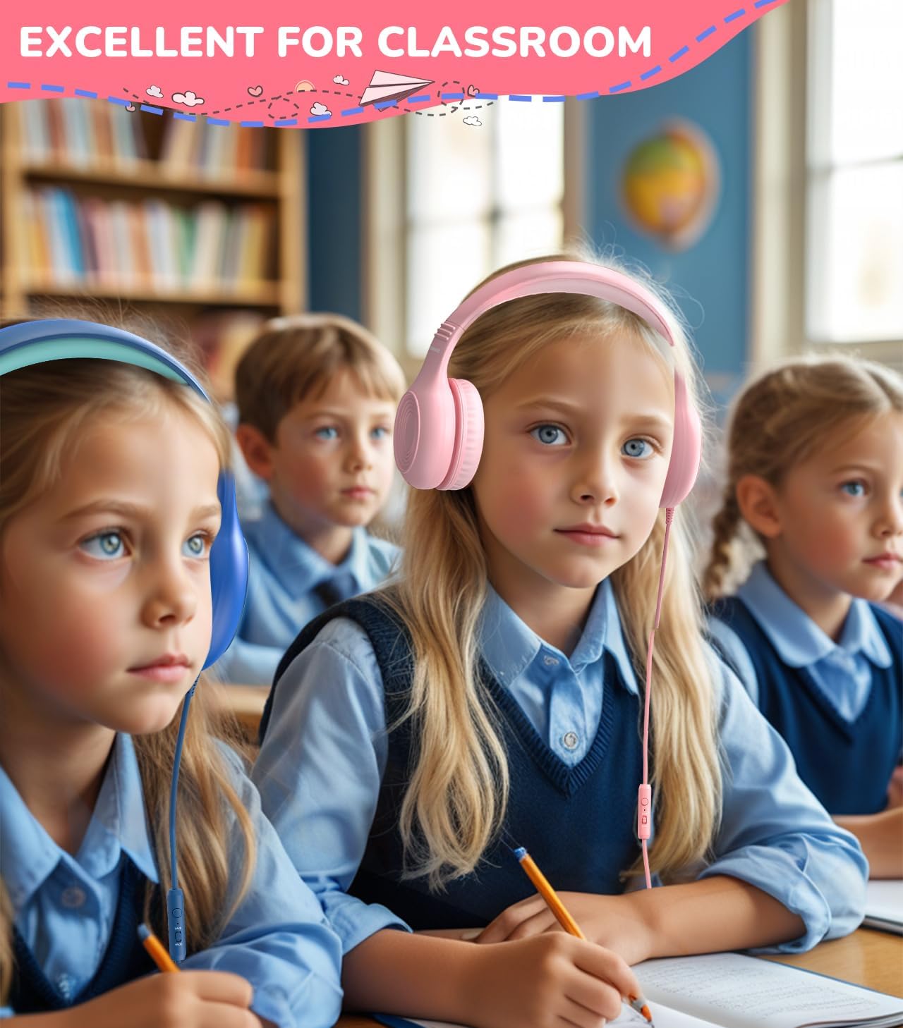 Upgrade USB Type C Kids Headphones, Wired Headphones for Kids with Microphone for Boys Girls, Adjustable 85dB/94dB Volume Limited (Pink)