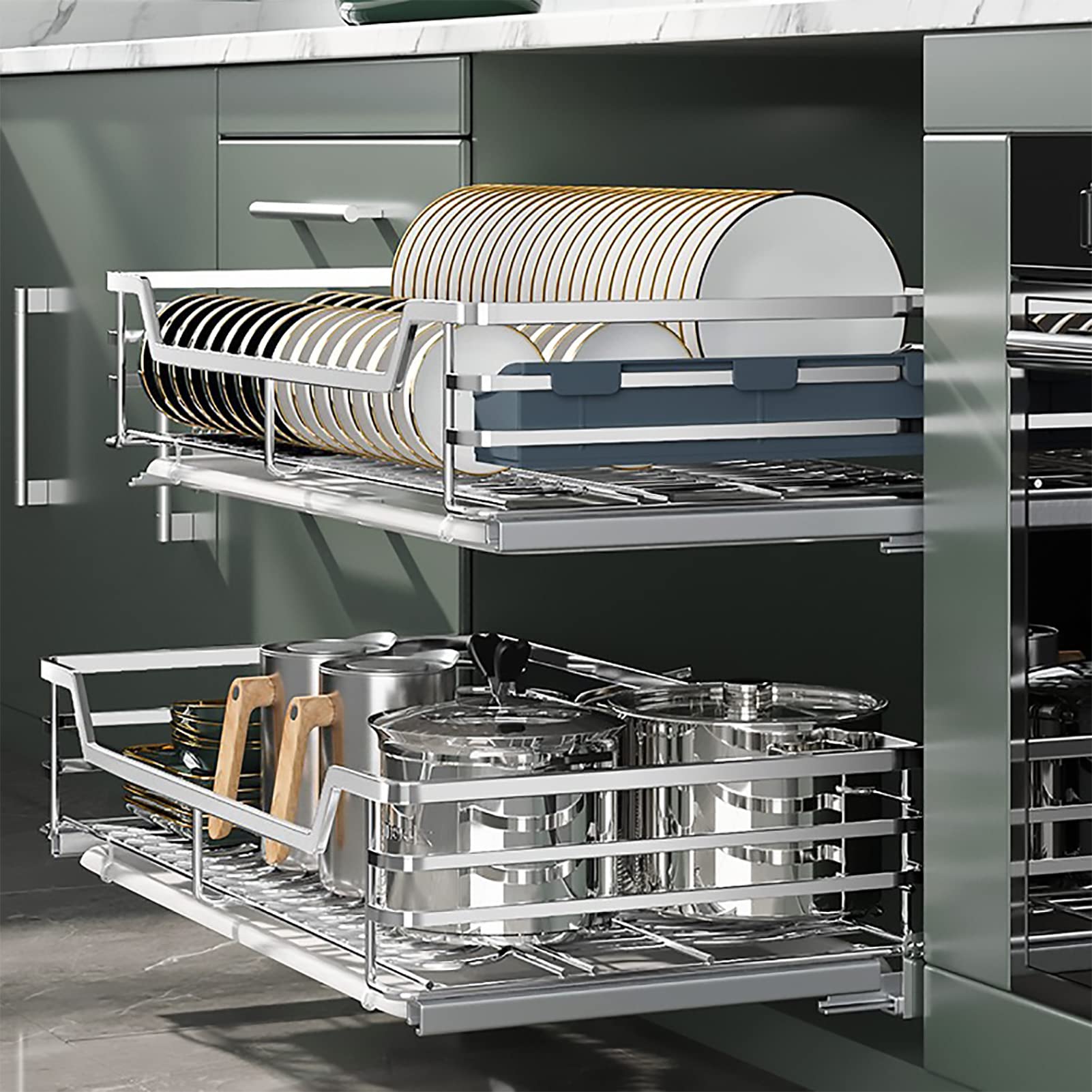 Cassetto estraibile a 2 ripiani – Cestello in filo di acciaio inossidabile resistente – Scaffale telescopico scorrevole per cucina, armadio, dispensa, mobile, soluzione salvaspazio