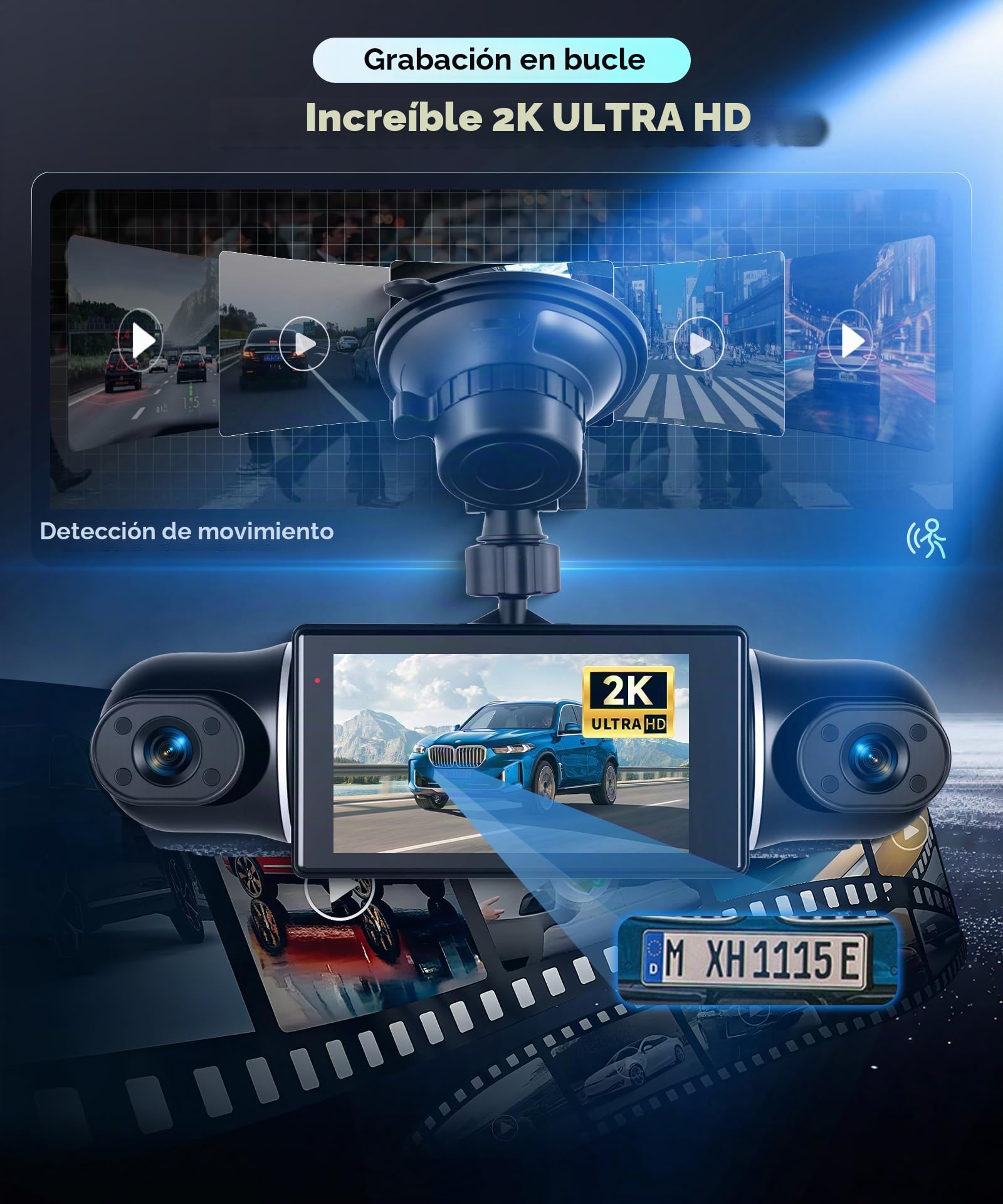 Rimoody Dash CAM 2K 4 Cámaras, WiFi App Viidure, Coche Grabadora 360° con Visión Nocturna, G-Sensor, Asistente de Marcha Atrás, Pantalla 3 Pulgadas para Coche 64 GB Tarjeta