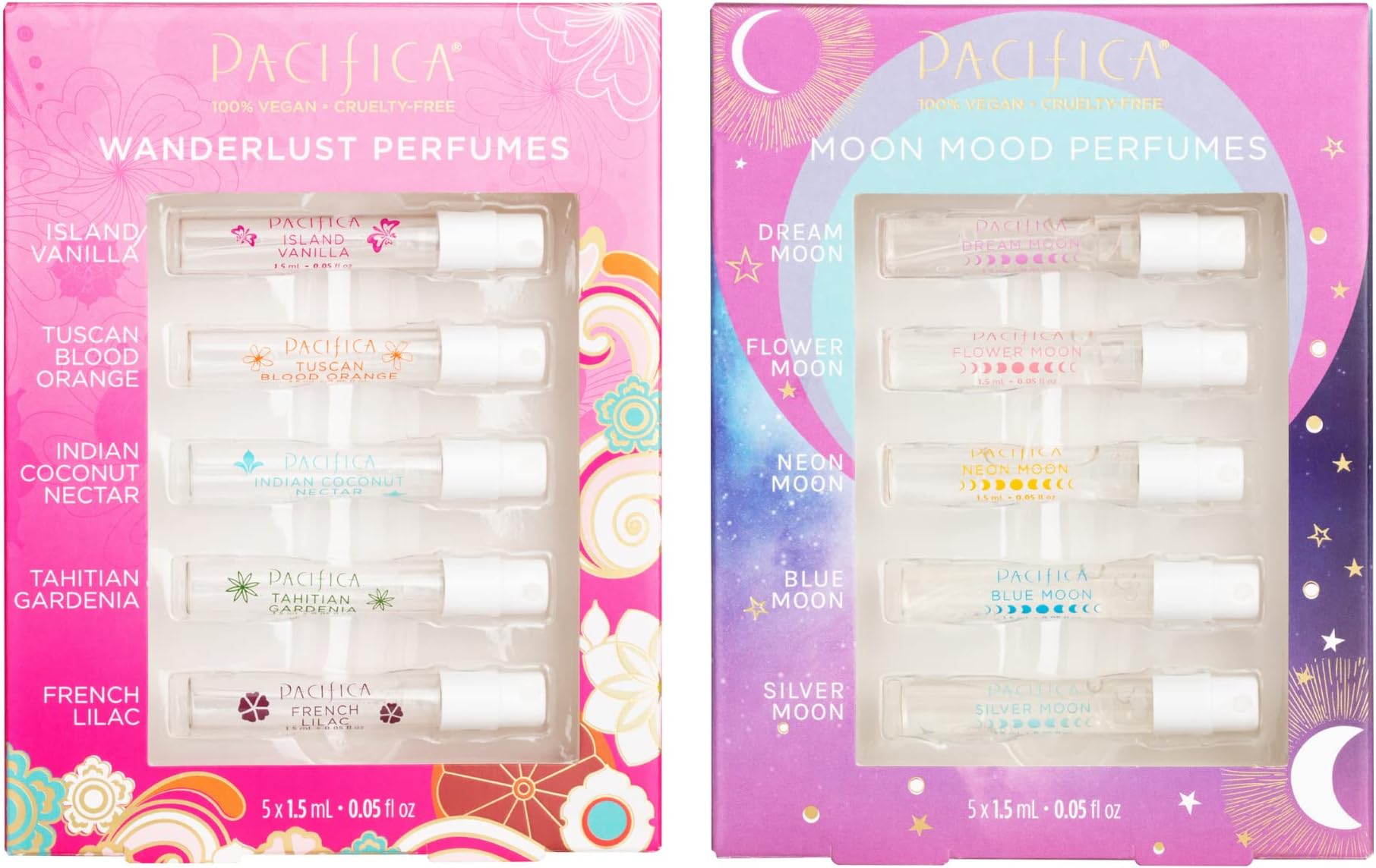 Pacifica Beauty Wanderlust & Moon Moods Perfume Set, Travel Fragrances, Island Vanilla, French Lilac, Clean Vegan Perfume, 0.05 fl oz Each (Set of 10)