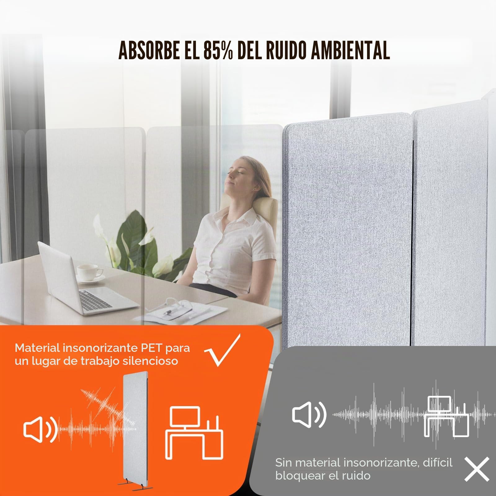 VEVOR Biombo Separador de Ambientes de 1840 x 350 x 1655 mm, Divisor Plegable de 3 Paneles de Poliéster Pet Insonorizado Mamparas Divisorias Independientes de Privacidad para Estudio de Oficina, Gris