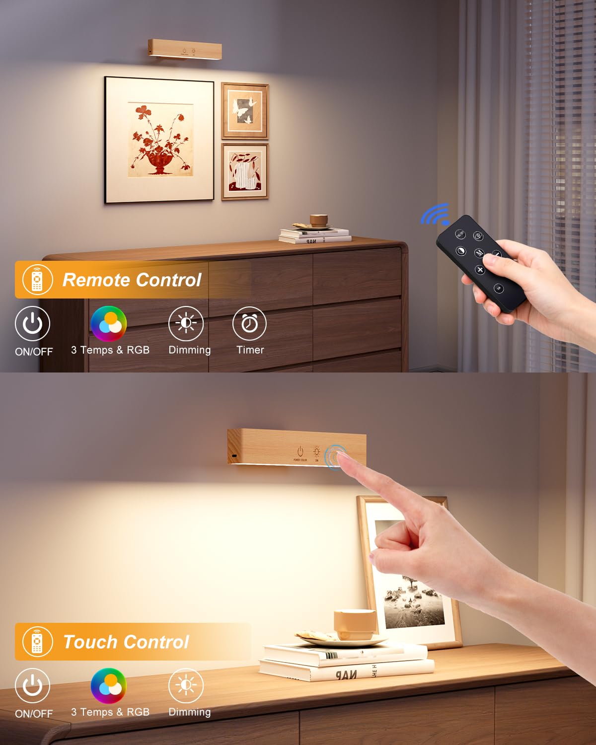Lampe Murale sans Fil avec Télécommande Tactile, USB Rechargeable, 3 Températures & RGB, Intensité Variable, Rotative 360°, 2 PCS