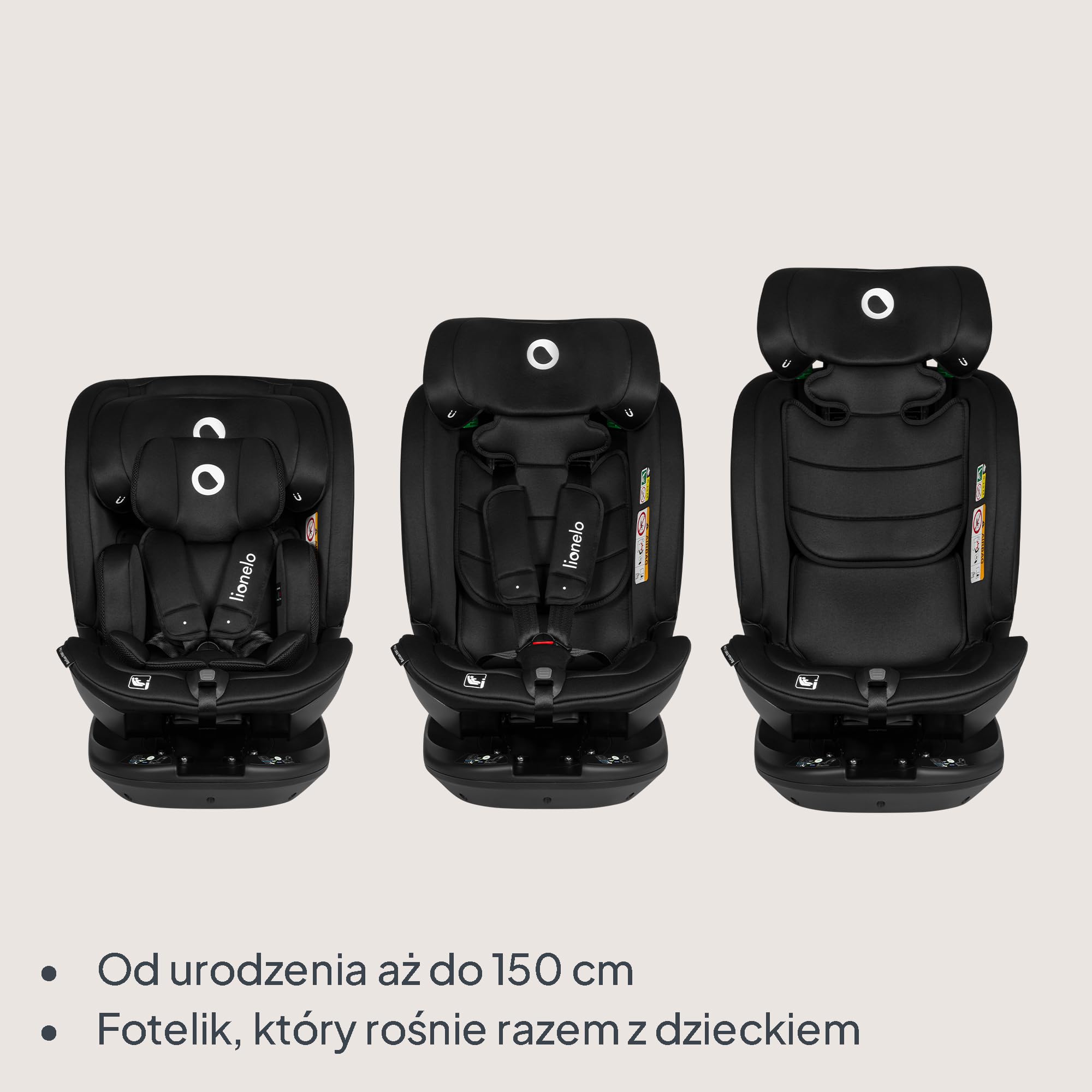 LIONELO Bastiaan RWF I-size Fotelik Samochodowy Obrotowy 360o dla Dzieci 0-36kg, Montaż Przodem i Tyłem (18 kg), ISOFIX Pas TopTether, Regulacja Zagłówka Pasów i Oparcia Ochrona Boczna Czarny