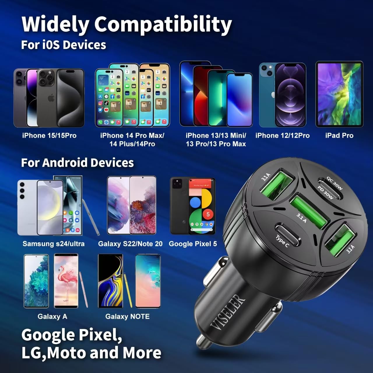 Adaptador de cargador de coche USB C, cargador PD 3.0, 5 USB QC 3.0 de carga rápida para iPhone 17, Galaxy S24 y otros dispositivos USB. (paquete de 2)