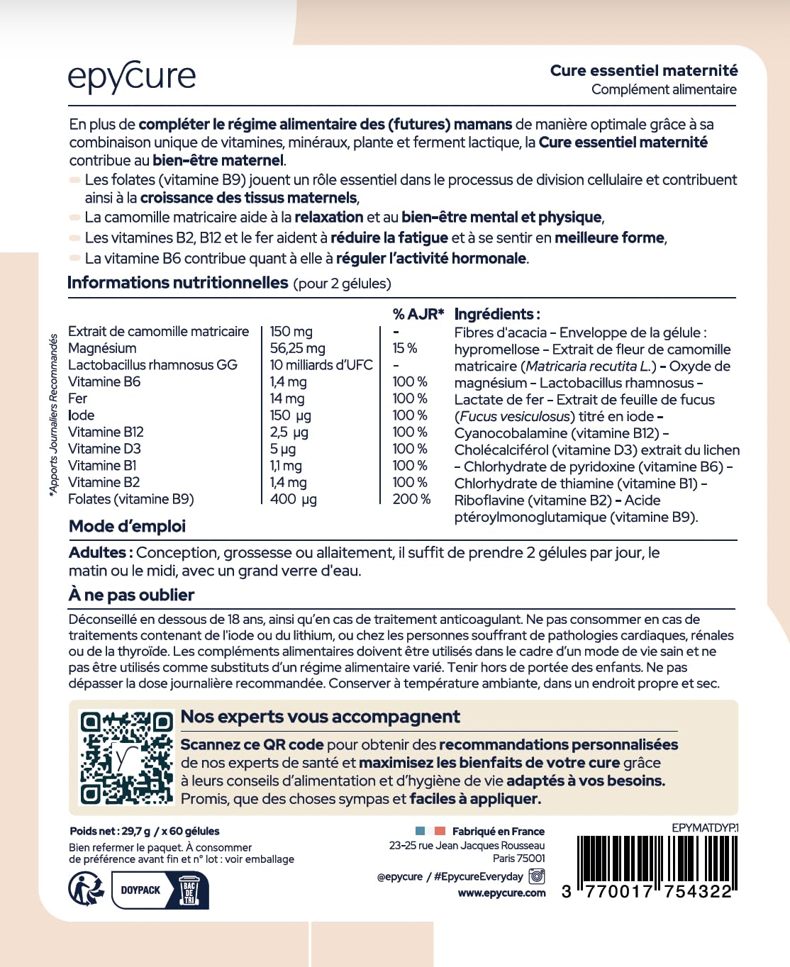 EPYCURE - Cure Essentiel Maternité - Croissance Tissus Maternels et Bien-Être - 100% Naturel - Vitamine B9, Camomille, Lactobacillus, Magnésium, Fer, Iode - 1 Mois - Vegan