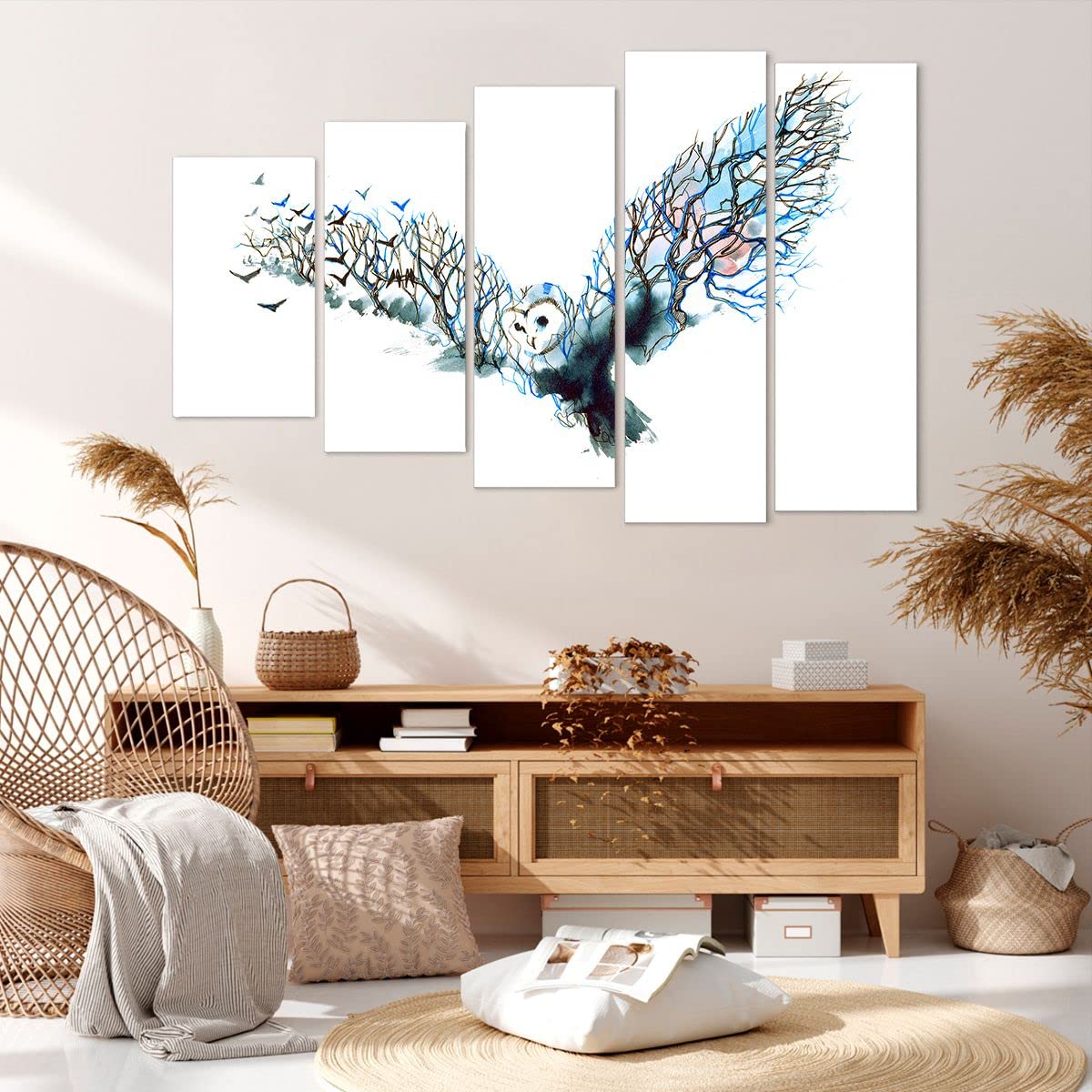 Quadro su Tela 150x100cm Stampe da Parete Gufo uccello natura Grandi XXL Decorazione Murale Camera da Letto Cucina Set 5 pezzi Quadri Moderni