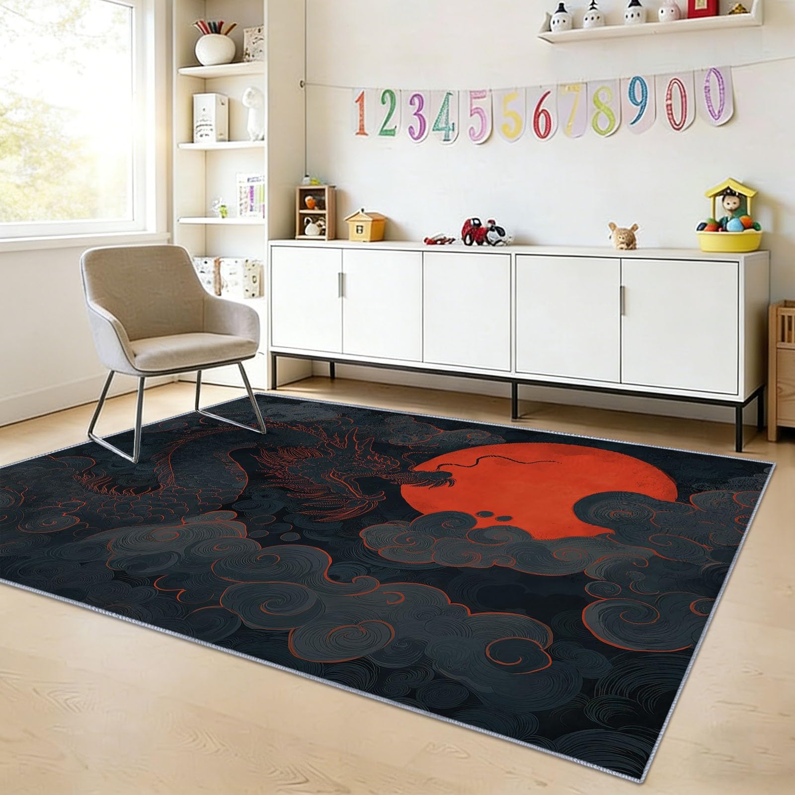 Alfombra antideslizante lavable con diseño de dragón chino y luna roja, 160 x 230 cm, alfombra antideslizante para dormitorio, sala de estar, alfombra de suelo de pelo corto, fácil de limpiar