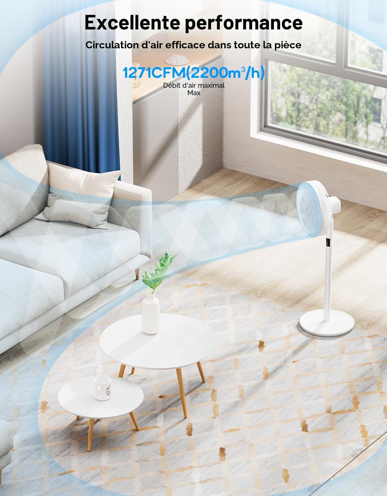 MYCARBON Ventilateur Sur Pied Silencieux avec Télécommande 20dB Moteur DC 2200m³/h 12 Vitesses 12h Timer Oscillation LED Écran Hauteur Réglable 102cm/74cm/48cm Ventilateur de Table pour Chambre