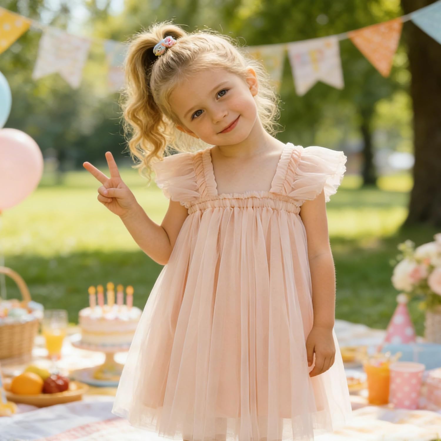 AGQT Baby Girls Tulle Dress Toddler Layered Tutu Ruffled Sleeve Dresses Fairy Summer Birthday Party Wedding Gowns 9M-5T