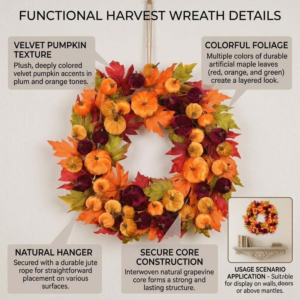 Fall Wreath for Front Door Autumn Pumpkin Maple Leaf Decor Artificial Harvest Festival Decoration Indoor Outdoor Home Wall Entryway Thanksgiving Ornament