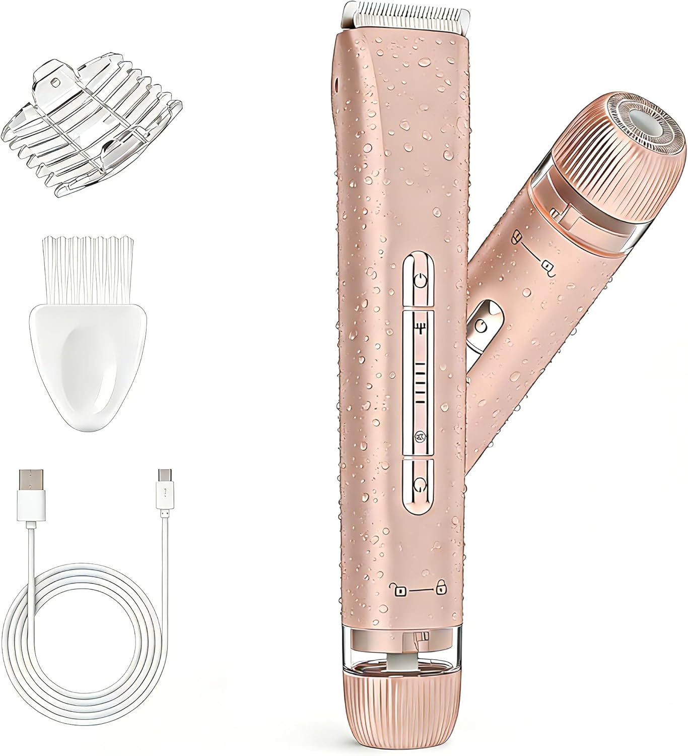 Bikini Trimmer for Women, Painless Dual Head Shaver for Sensitive Skin, IPX7 Waterproof for Safe Shower, USB-C, Detachable Head, Portable 2 in 1 Electric Razors for Pubic Hair, Rose Gold
