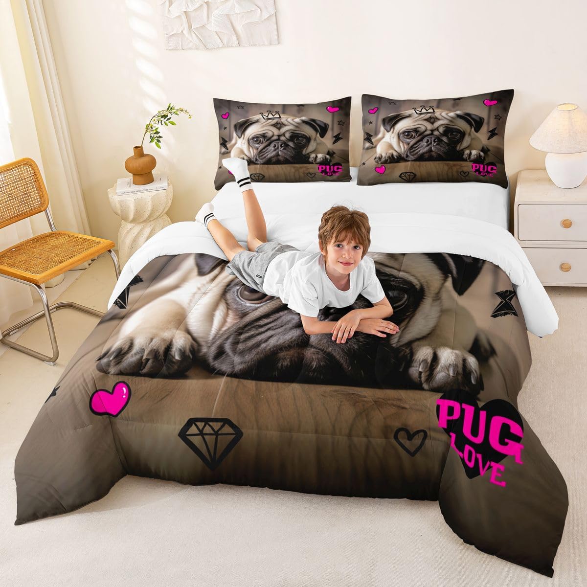 Manfei 3D Pug Comforter Set Full Size Cute Pug Puppy Dog Bedding Set 3pcs for Kids Boys Girls Room Decor, Animal Theme Quilt Set Pink Hearts Lightning Star Print Duvet Set with 2 Pillowcases