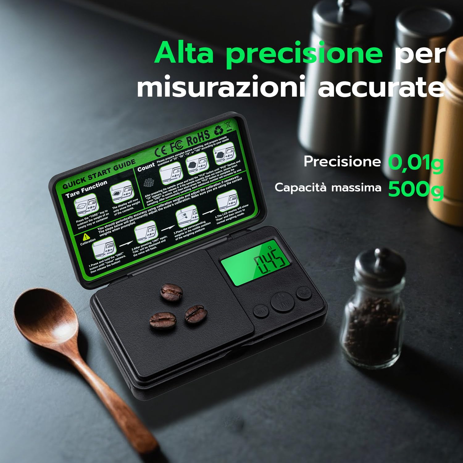 VOANZO Bilancia Digitale Portatile 500g/0.01g Mini Bilancia Tascabile Precisa 727410