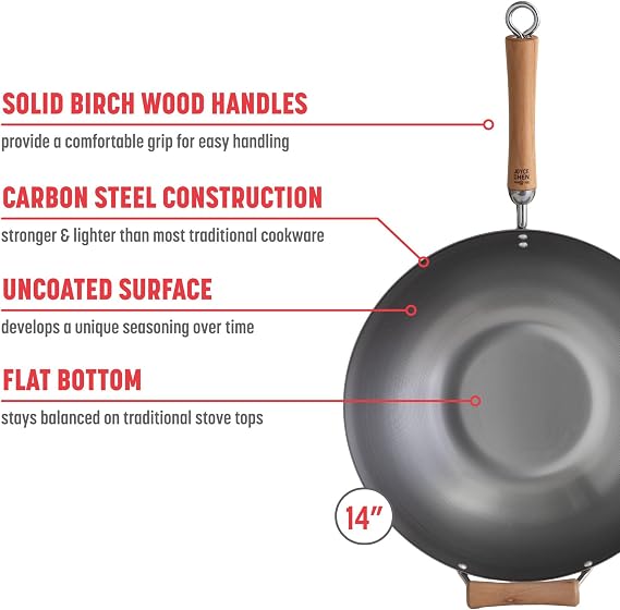 JOYCE CHEN Classic Series 14-Inch Carbon Steel Wok with Birch Handles