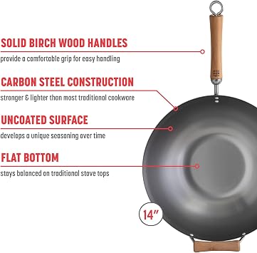 JOYCE CHEN Classic Series 14-Inch Carbon Steel Wok with Birch Handles