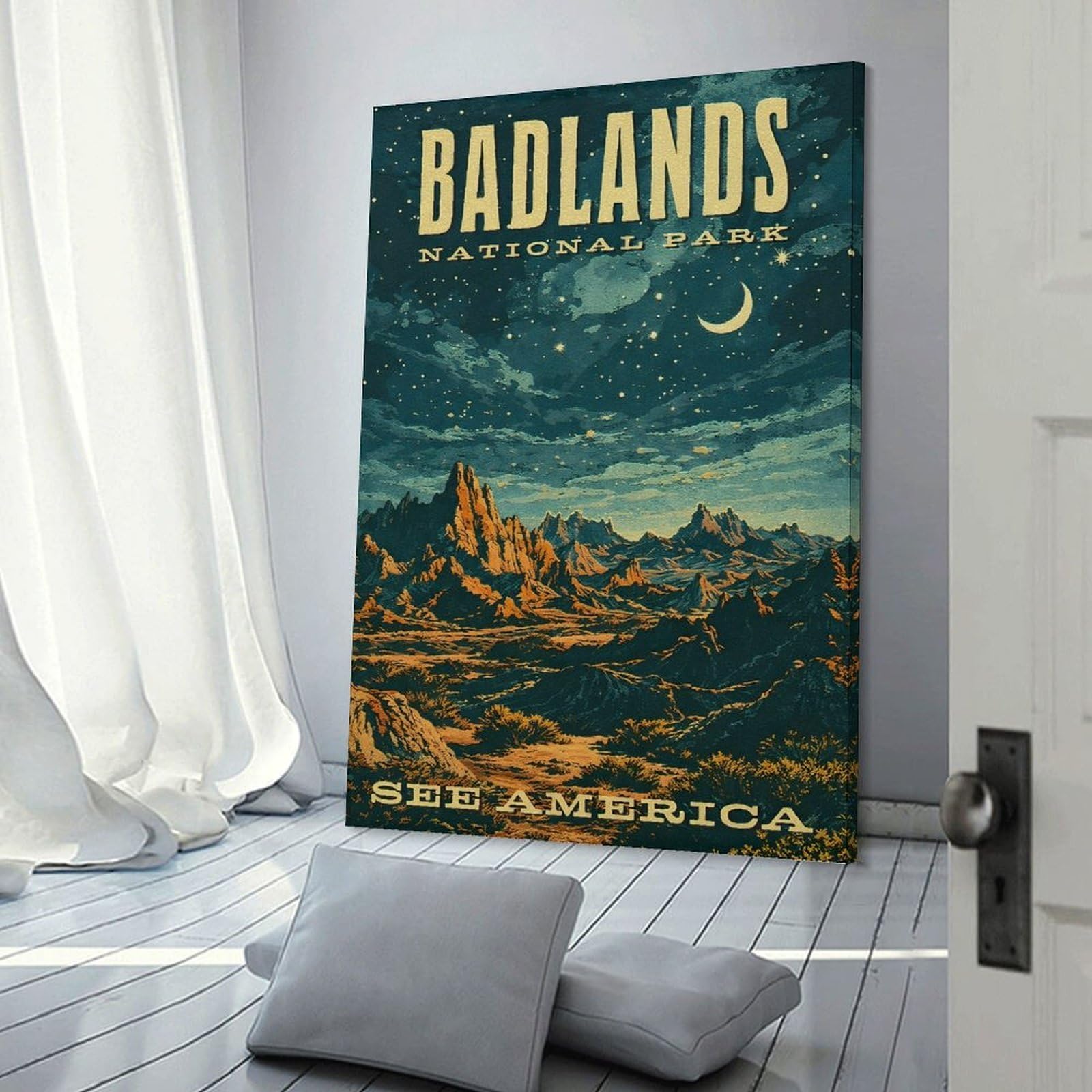 Junmoney Badlands National Park Vintage Canvas Art Print, 20x30inch(50x75cm), for Restful Interiors, Bedrooms Or Small Rooms, A Warm Accent for Relaxed Interiors