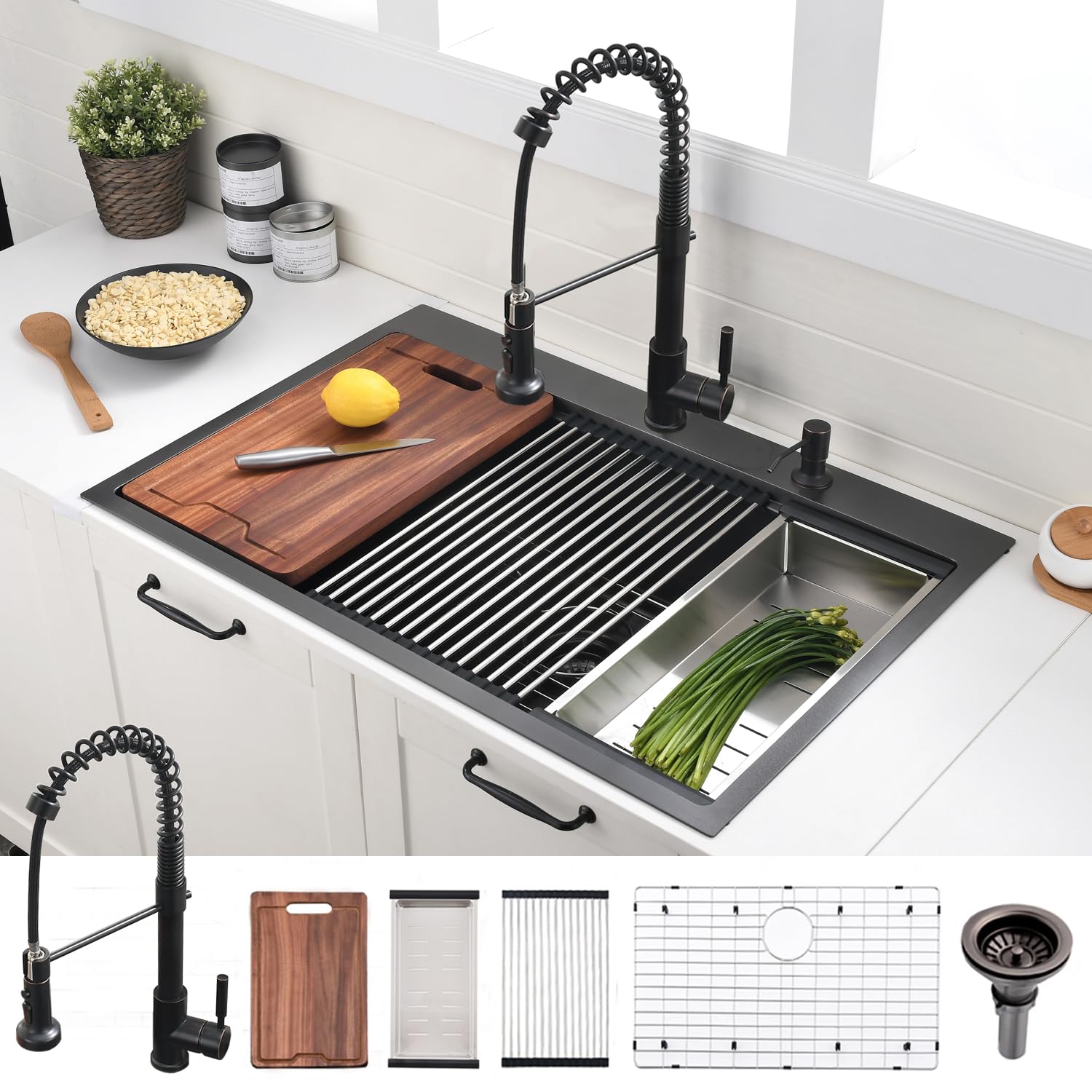 Évier de cuisine VOKIM cuve unique en inox noir pour simplifier vos repas
