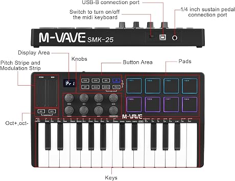 25-Key MIDI Control Keyboard Mini Portable USB Keyboard MIDI Controller with 25 Velocity Sensitive Keys 8 RGB Backlit Pads 8 Knobs