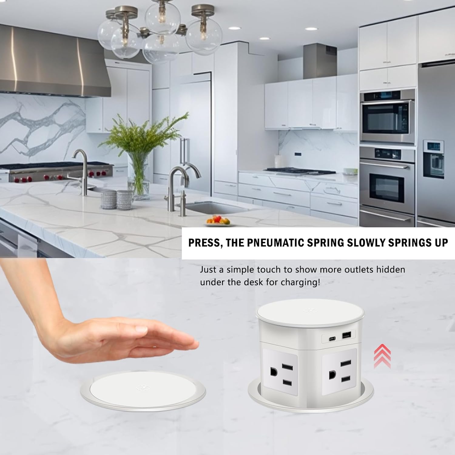 Pop Up Outlet 15W Wireless Charger,4 Outlets 1875W USB C PD20W Super Charging 6.5FT 16AWG Cable 3.86 inch Hole Pop Up Power Outlet for Kitchen Countertop,Office Conference Table UL Testing -White