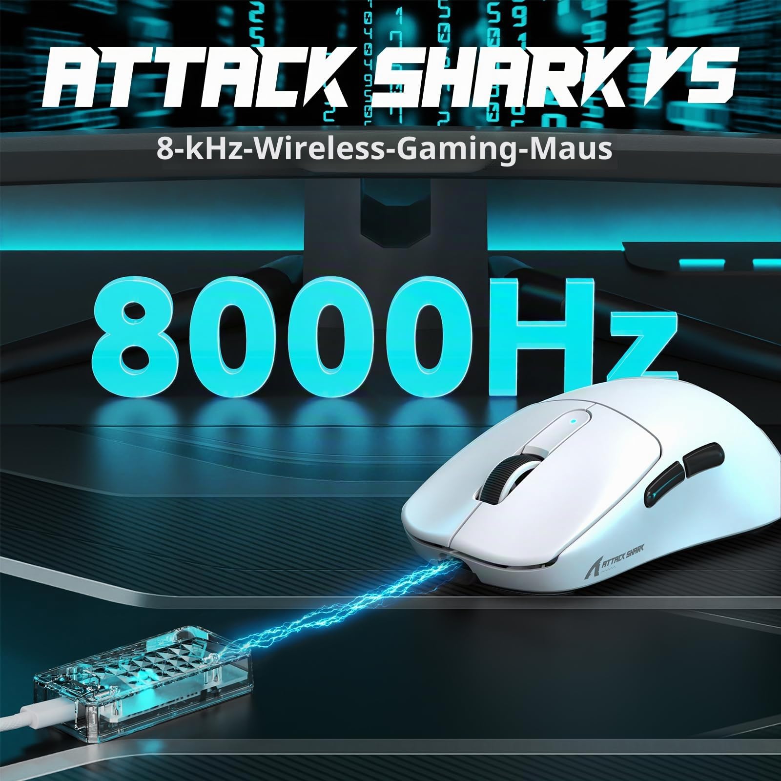 ATTACK SHARK V5 Kabellose Gaming Maus 53g, 20000 FPS, Optische Schalter, PAW3950MAX 42K DPI Sensor, 8KHz RGB Empfänger, Tri-Mode BT/2.4GHz/USB-C, 500mAh, Mittel- bis Große Hände (Weiß)