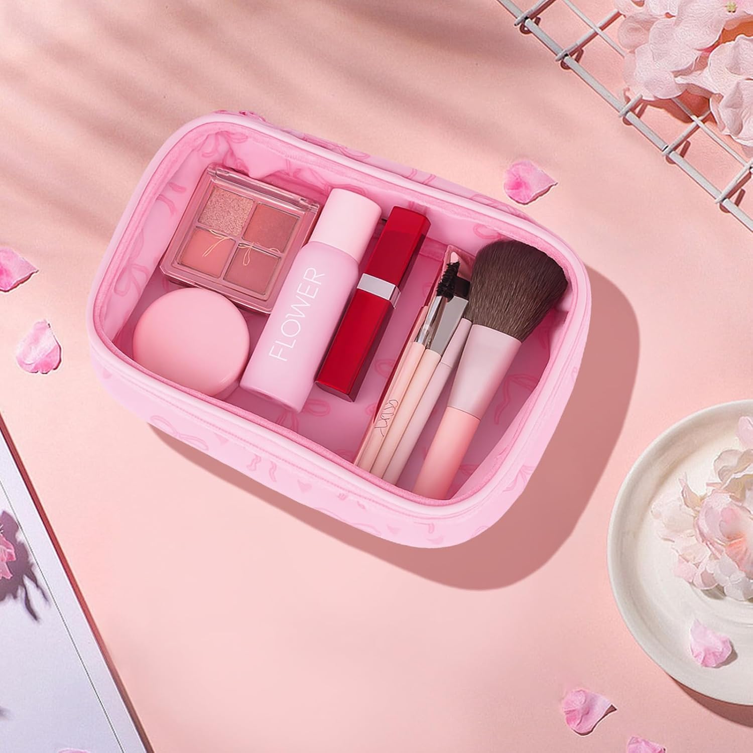 Pink Clear Bow Cosmetic Bag for Women Girls Cute Bow Travel Bag Coquette Zipper Model Cosmetic Bag for Birthday Gift (Heart Bow) - Image 4