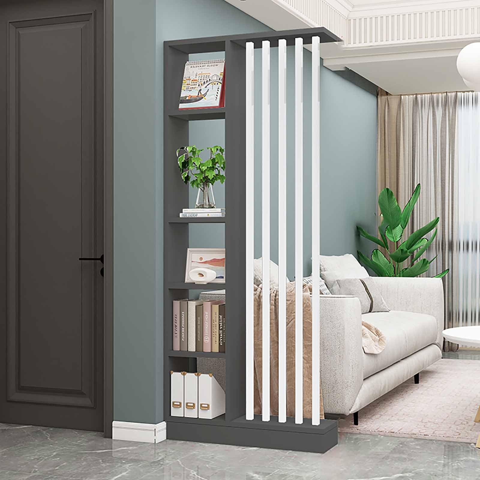 Moderno divisorio indipendente in legno, divisorio da pavimento a soffitto con ripiani per soggiorno, elegante separatore per ingresso, divisorio versatile e soluzione di archiviazione