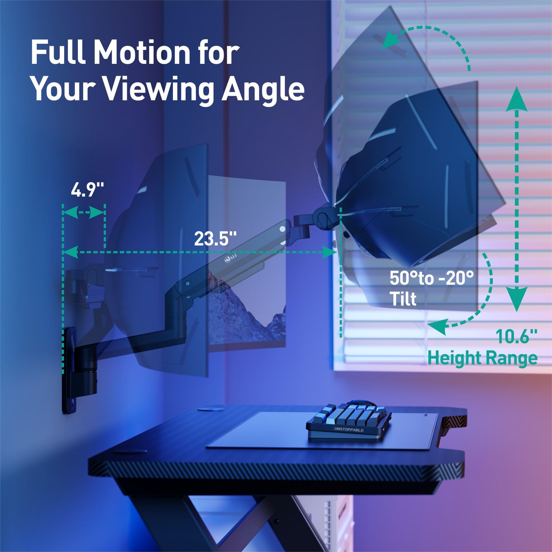 WALI Supporto da parete per monitor singolo, per schermi da 17" a 49", supporto da parete per monitor Ultrawide con braccio completamente regolabile a molla a gas, supporta fino a 20 kg, VESA 75 e 100