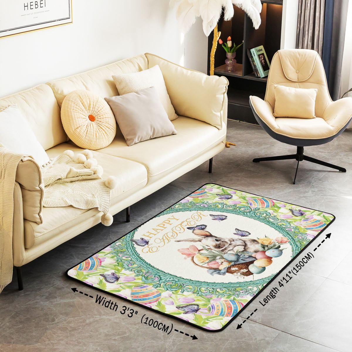 Feliz Pascua Sala de Estar Alfombra 150 x 200 cm Lindo Conejo Huevos Estampado Alfombra para Niños Niñas Acuarela Flores Tulipanes Mariposa Alfombra de Piso Decoración del Hogar