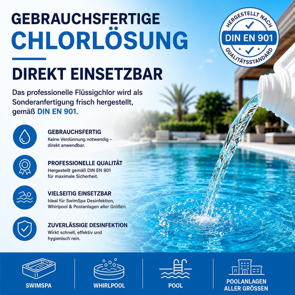 HERRLAN® Chlor flüssig 13% – 10 Liter Gebinde, 13 Kg Netto - Unstabilisiert & frei von Cyanursäure - Profi-Wasserdesinfektion für Pool, SwimSpa & Whirlpool - Made in Germany