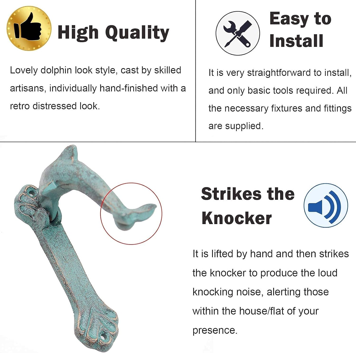 Classic Dolphin Door Knocker Door Knocker Pull Ring Small Front Gate Handle Solid Cast Iron Knobs with Rustic Green Finish for Outdoor Garden Patio