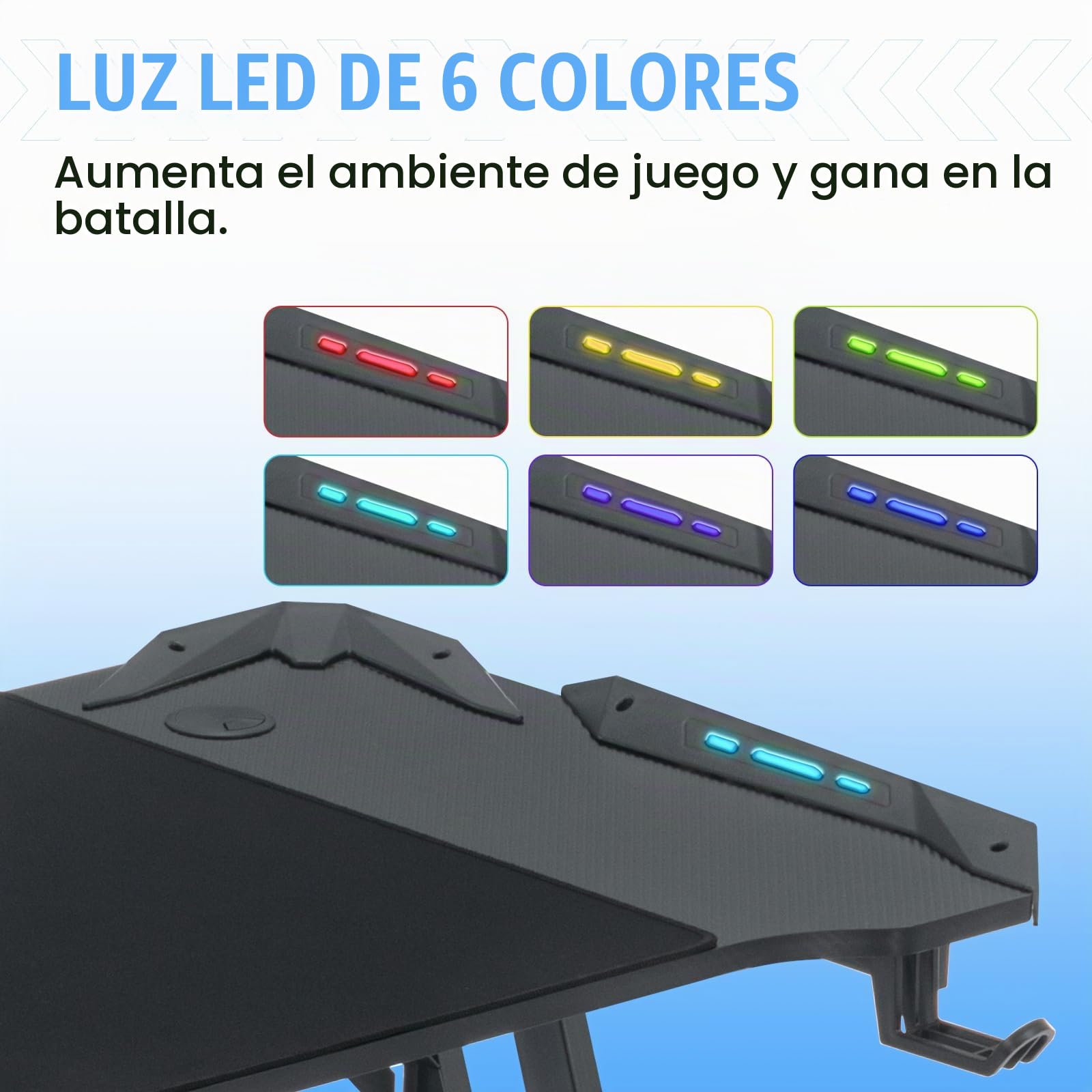 Escritorio Gaming con LED 120×60 cm, Escritorio Gamer con Gestión de Cables, Mesa Gaming con Portavasos y Soporte para Auriculares-en Forma de Z, Escritorio Ordenador de Fibra de Carbono Ergonomicas