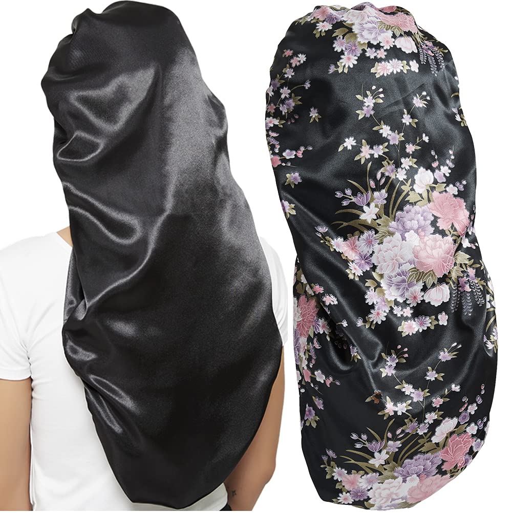 2 Pcs Hair Bonnets for Women Satin, Soft Elastic Band Silky Sleeping Cap Big Bonnets for Women Bonnet for Braids