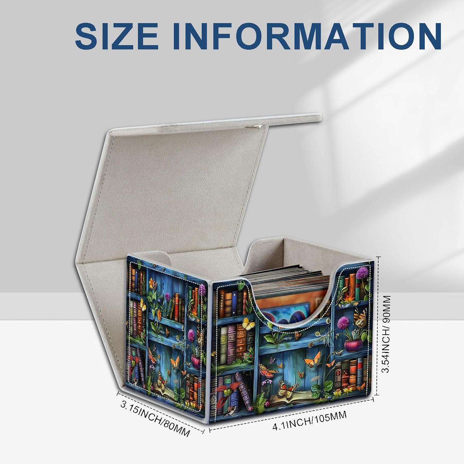 High-Capacity Art Deco Card Deck Box - Ideal Trading Card Game Storage Solution with Compact Size, and Easy Access - PU Leather Fits for TCG CCG Magic Cards(Bookshelves) image 3