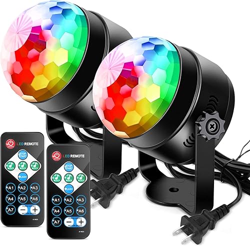Paquete de 2 luces LUNSY para fiesta de DJ, discotecas giratorias de 360 activadas por sonido con iluminación de control remoto, 7 patrones de