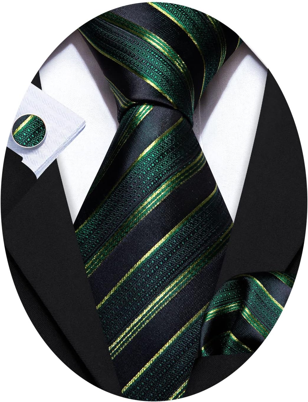 Barry.Wang Tie Sets for Men Silk Stripe Necktie Woven Checkered Handkerchief Cufflinks Formal Business Wedding