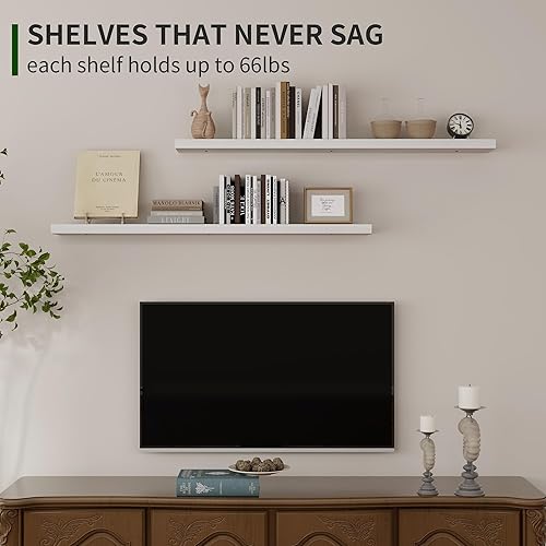 Miniatura 5 de Estantes flotantes blancos, juego de 2 estantes de pared de 48 pulgadas, estantes de madera rústica para almacenamiento de pared, chimenea de