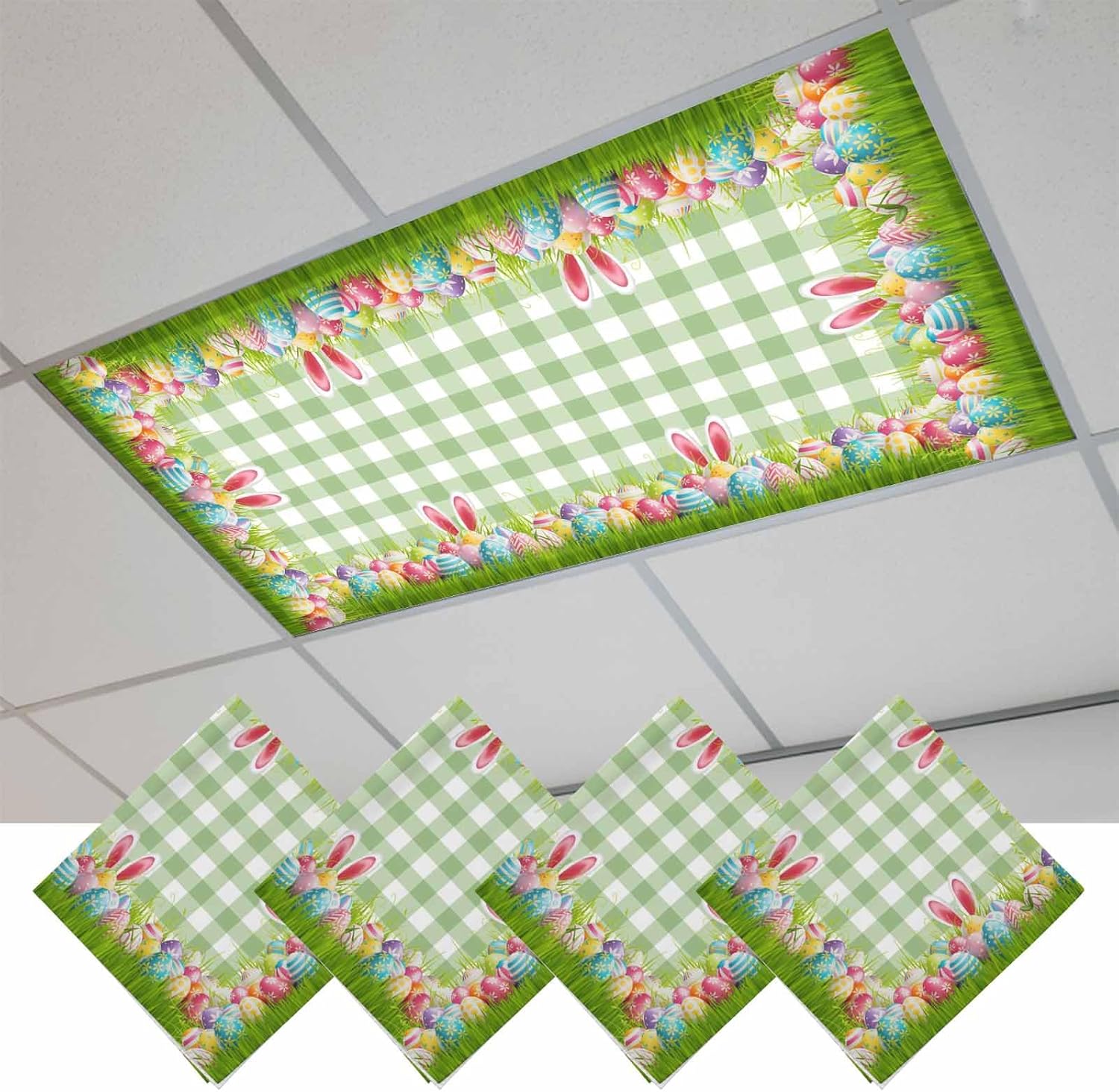 2x4 ft Fluorescent Light Cover for Ceiling Easter Colorful Eggs Bunny Ear Magnetic Light Filters, Green Buffalo Plaid Grass Ceiling Lampshades for Home School Office 4Pcs