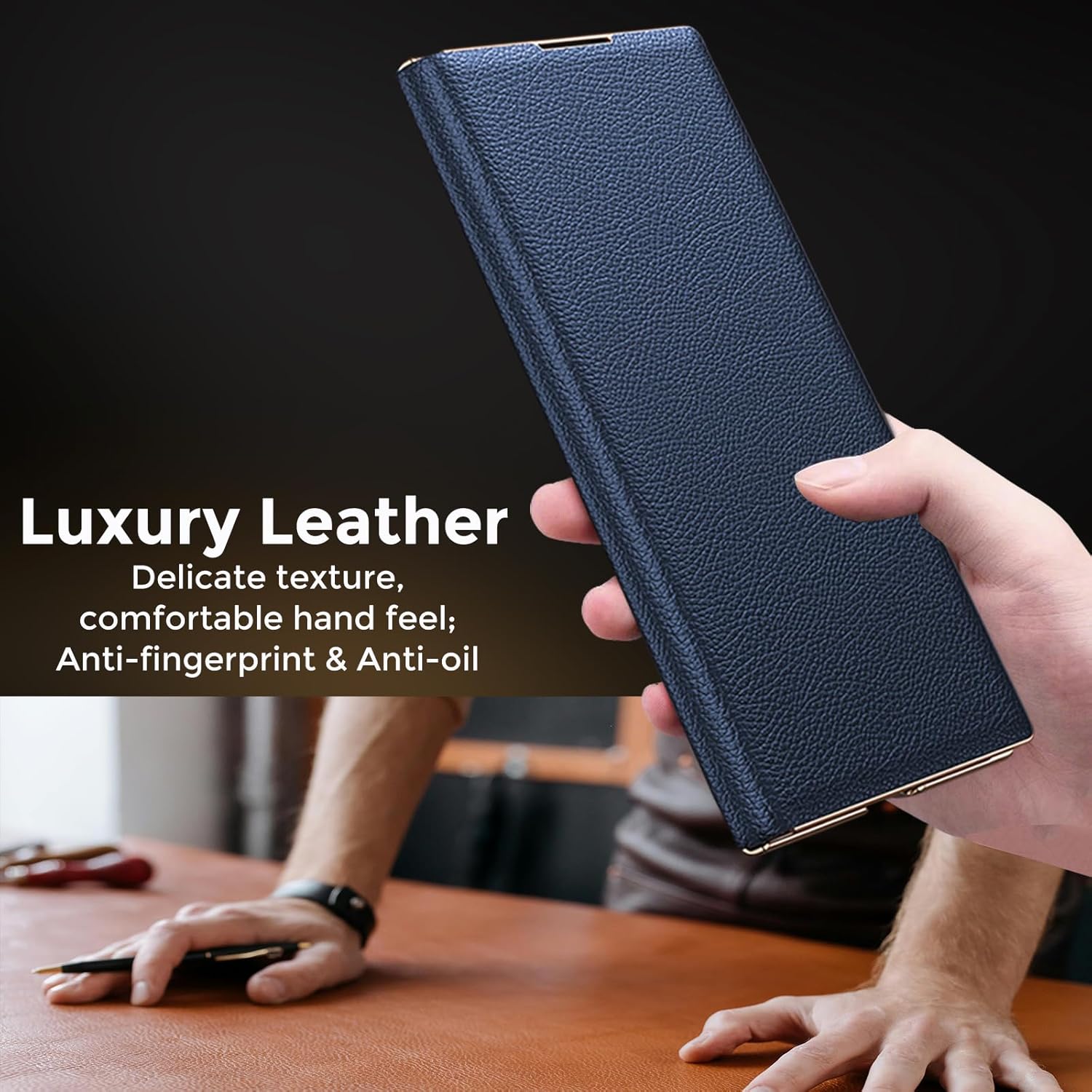 for Samsung Galaxy Z Fold 7 Case, Slim Thin Premium Leather Flip Cover Magnetic Close Full-Body Hinge Protection Business Leather Protective Flip Case for Z Fold 7 Blue
