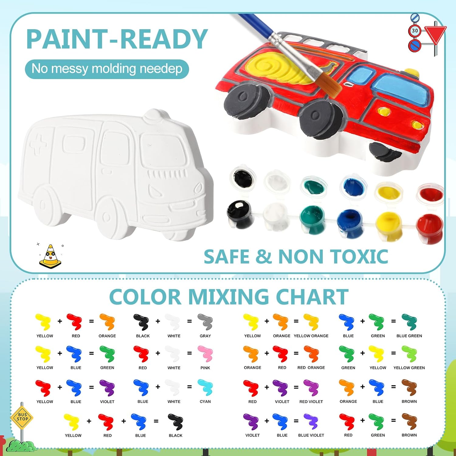 HyDren 8 Pack Paint Your Own Plaster Stones Spring DIY Outdoor Garden Arts and Crafts DIY Stones Painting Kit Supplies with Paint Palette and Brush for Easter Birthday Gifts(Car)