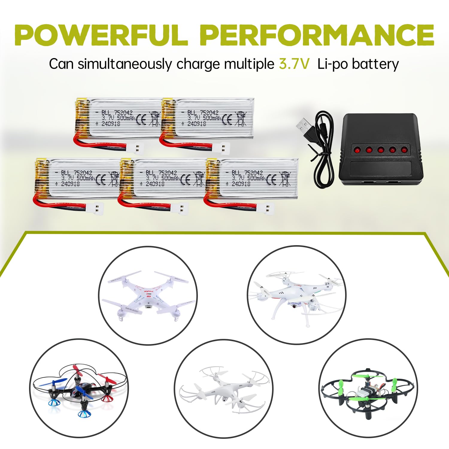 5PCS 3.7V 500mAh 25C Battery & 5en1 Chargeur pour H31 H37 H6D Hubsan X4 FPV H107C H107D H107L H107P H108 JXD392 JXD388 JXD385 UDI U816A SYMA X5C X5SW HS180 HS180 HS170 TR-C385 TR-P51 TR-F22