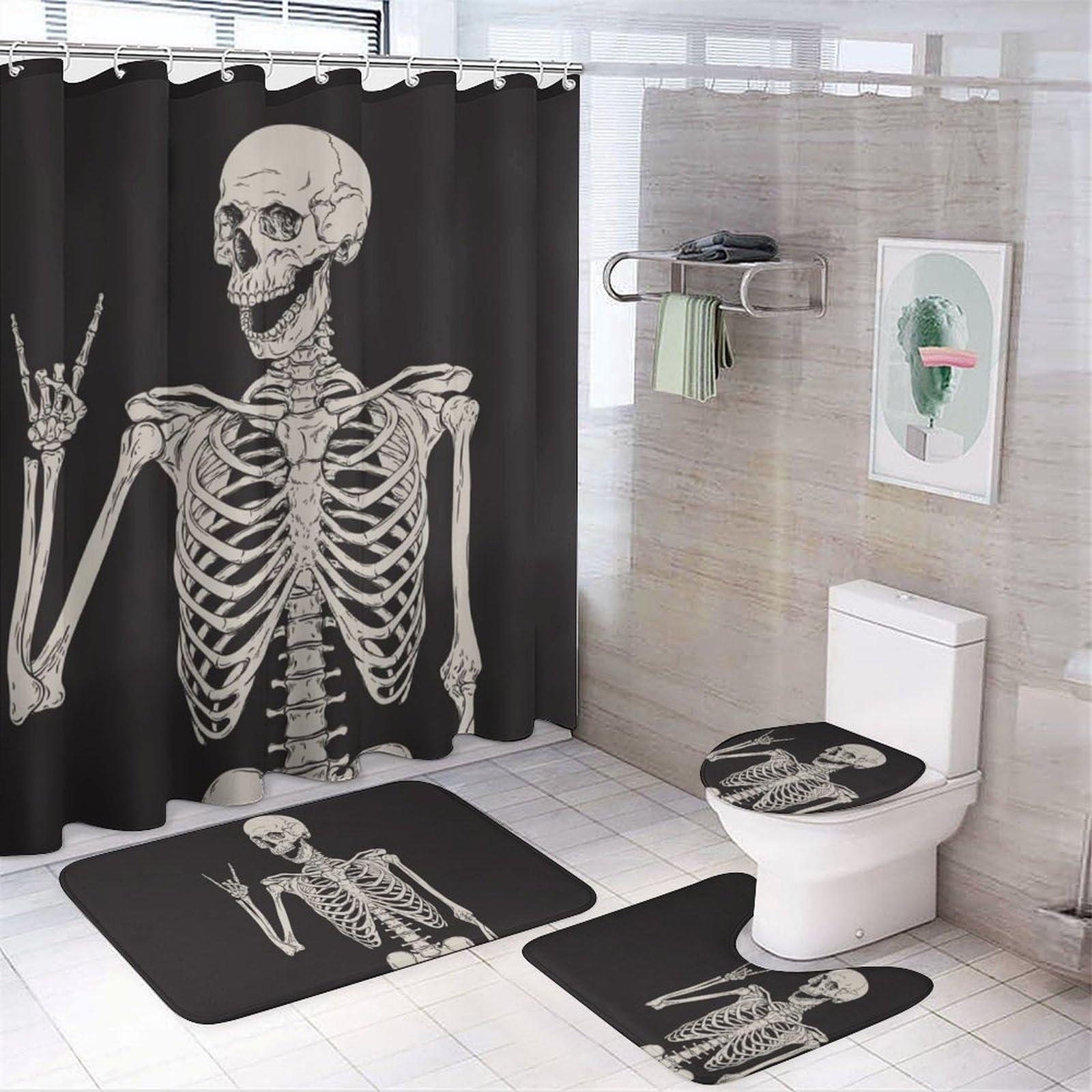 JiuPopular Bathroom Mat Set 4 Piece, Skull Shower Curtain with Non-Slip Bath Mats for Bathroom