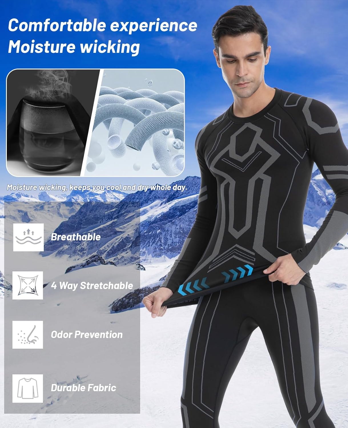 MEETWEE Men's Thermal Underwear Set, Winter Ski Gear Fleece Lined Long Johns Base Layer Warm Top & Bottom for Skiing Black - Image 3