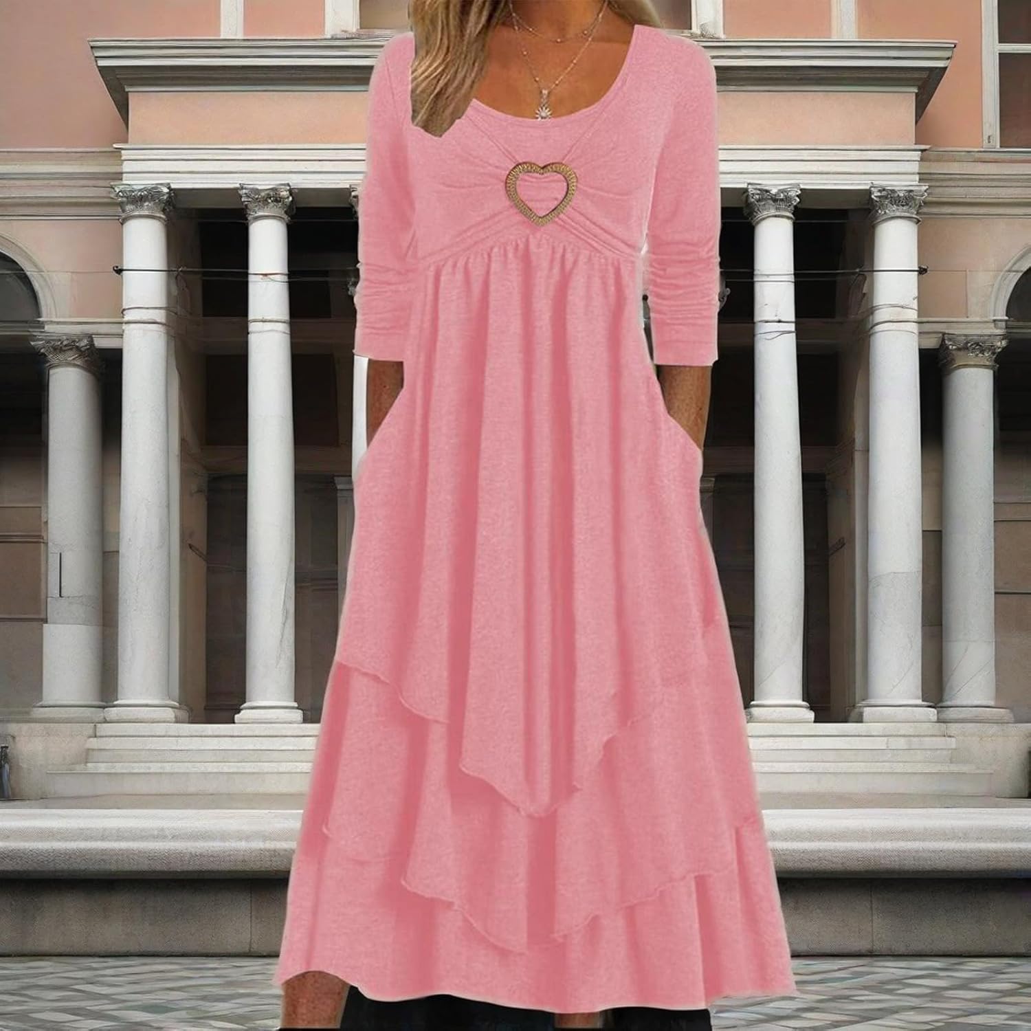 Winter Dresses for Women Wedding Guests Casual Cute Heart Long Sleeve Tiered Maxi Dress with Pockets Plus Size - Image 3