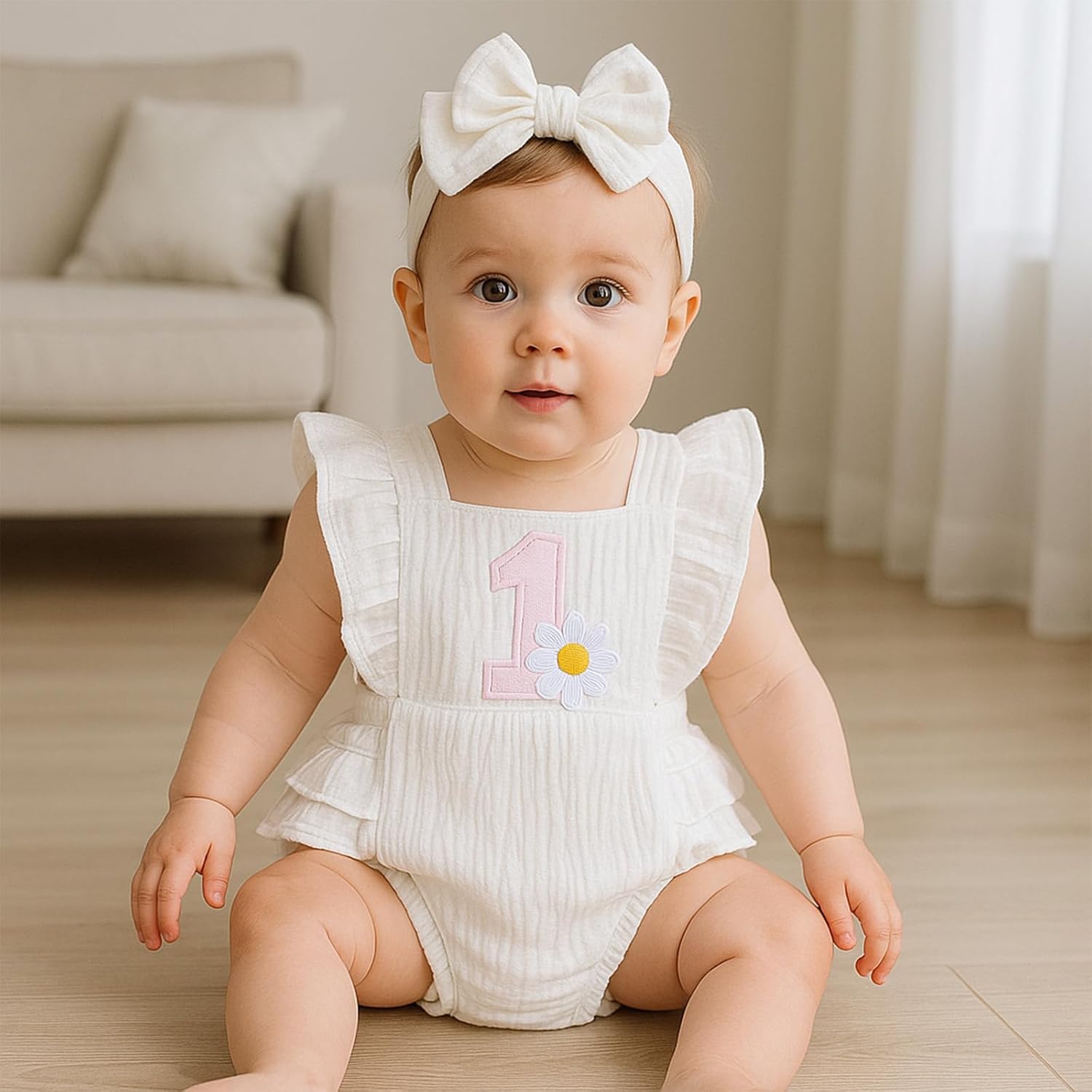 Winmany Baby Girl First Birthday Outfit 1st Birthday Sweet Cotton Romper With Headband Cake Smash Photo Shoot Clothes - Image 2