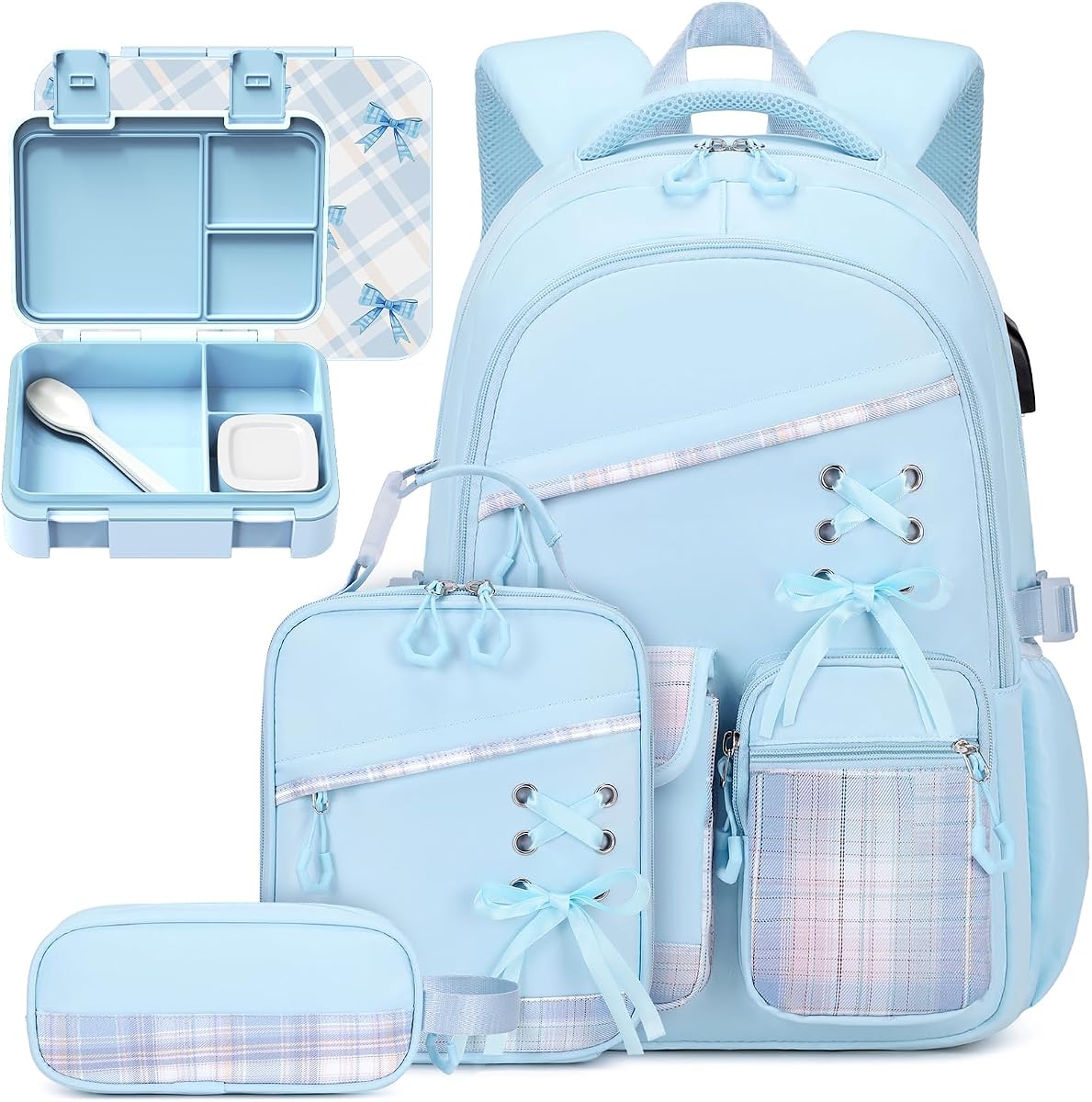 Backpacks for Girls - 6PCS Girls Backpack with Bento Box, Plaid School Backpacks with Lunch Bag & Pencil Pouch for Girl Kids Students Bookbag with Lunch Snack Container, Utensils Blue